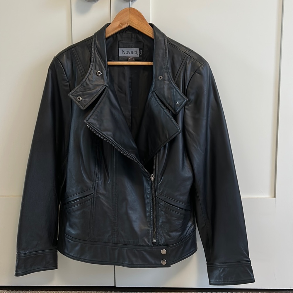 Large (14-16) black leather Novelti Moto jacket.
